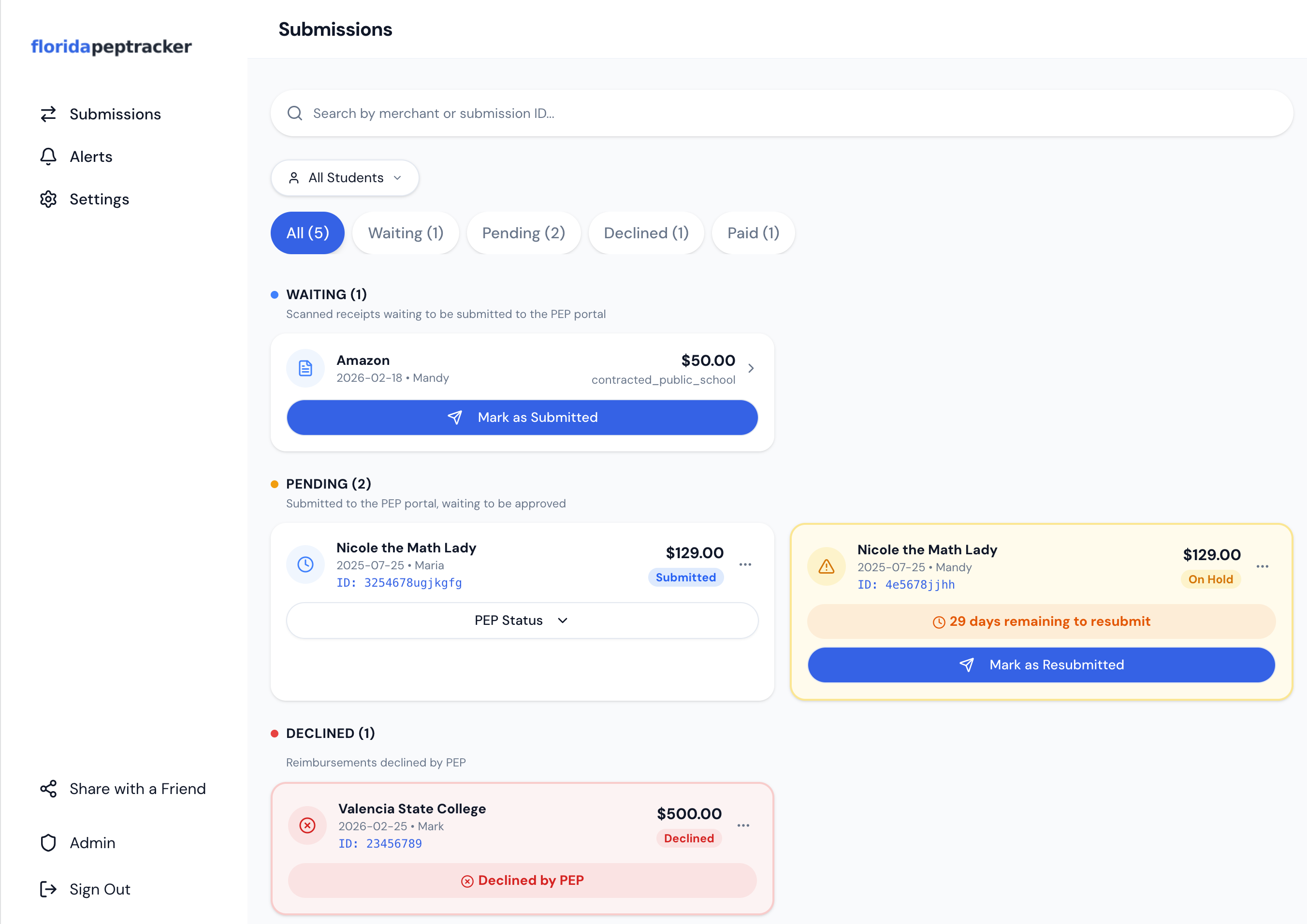 Florida PEP Tracker submissions desktop view