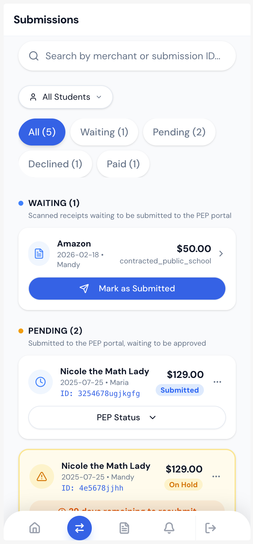 Florida PEP Tracker submissions mobile view