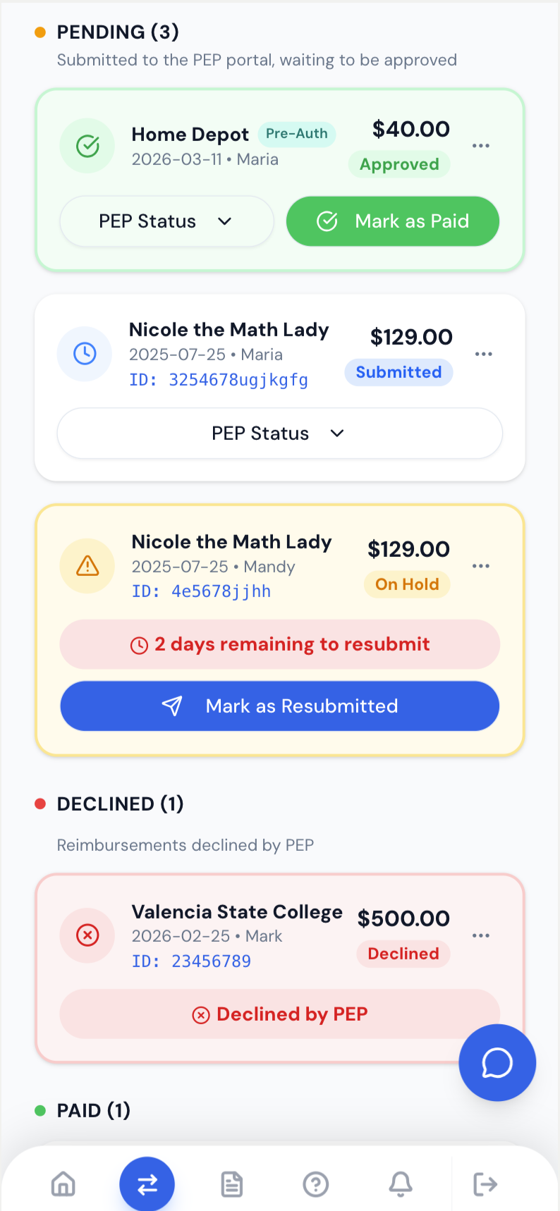 Florida PEP Tracker mobile app: pending submissions view