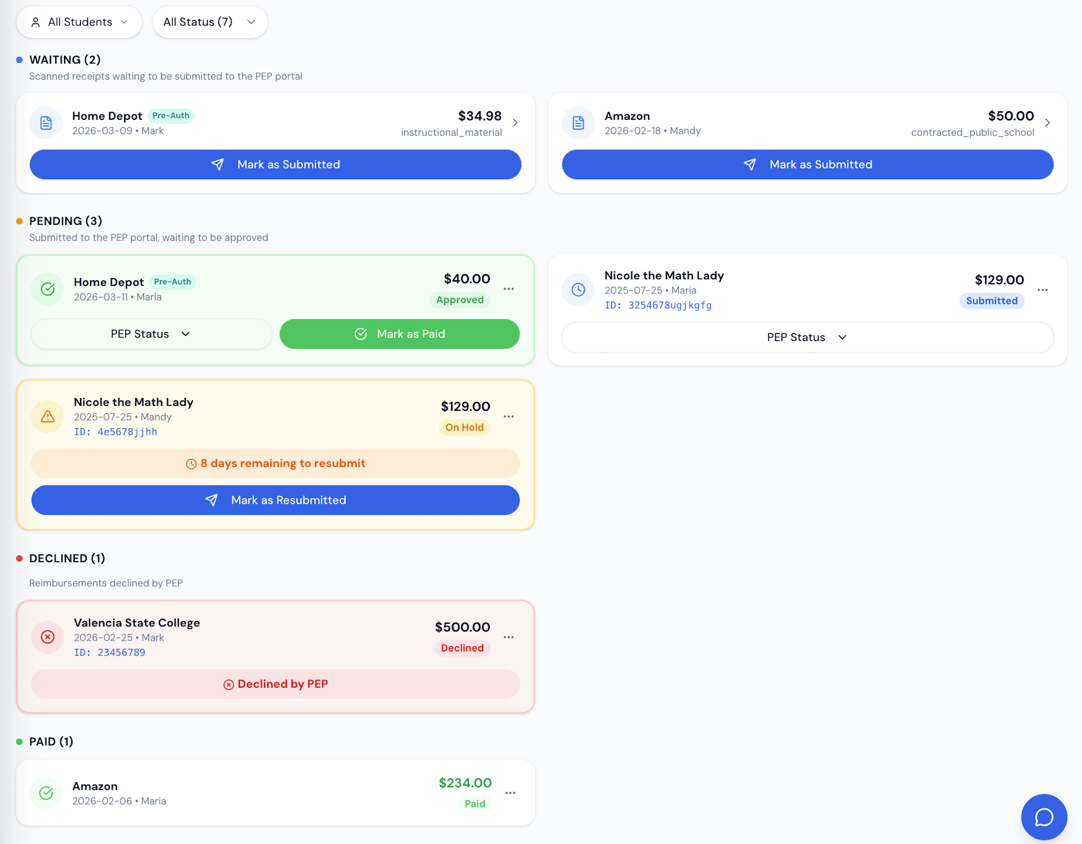 Florida PEP Tracker reimbursement dashboard showing waiting, pending, declined, and paid statuses